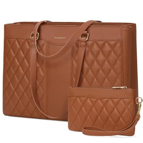 Image of RAINSMORE Laptop Bags for Women 15.6 Inch Work Tote Bags with Clutch, Waterproof PU Leather Ladies Laptop Handbags for Office Business College Brown