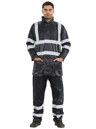 Image of kraftd Unisex Hi Vis Viz Plain Rainsuit 2 Piece High Visibility Rain Jacket Trouser Waterproof Workwear Navy