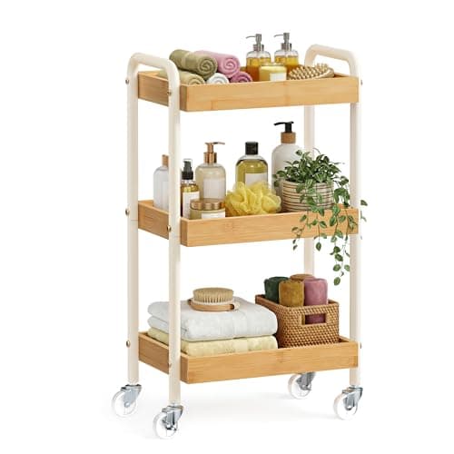 Image of SONGMICS Storage Cart, Auxiliary Trolley, Kitchen Shelf with Handles, Easy Assembly, Bedroom, Bathroom, Kitchen, Steel Frame, 27.5 x 41.5 x 73 cm, Natural Beige LRC081YL01