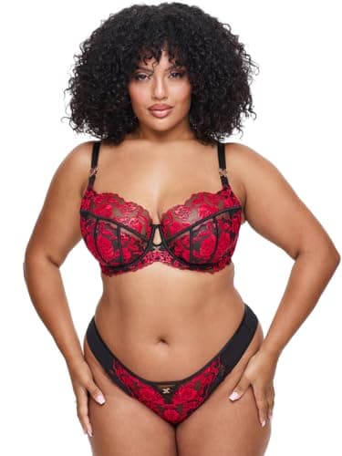 Image of Ann Summers Endless Attraction Fuller Bust DD+ Non Padded Balcony Bra Black/Red, DD-G Cup, Womens Underwear with Unlined Lace Cups, Underwire Support & Sculpting Boning - Womens Lingerie