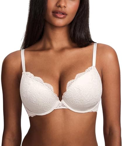 Image of DOBREVA Women's Push Up Lace Bra Sexy Plunge Padded Underwire Support Bras Lift Up Coconut White 32D