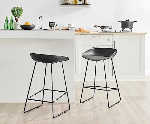 Image of Furniturebox UK Harper Dining Chair Barstool - 2 x Black Seat Black Legs - Premium Dining Room Breakfast Counter Stools - Contemporary On-trend Plastic Tub Seat Metal Legs Bar Chair Design (set of 2)