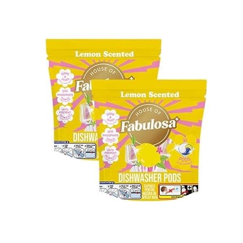Image of Fabulosa 3-in-1 Dishwasher Tablets, Lemon Scented Powerful Cleaning Tablets, Dishwasher Pods, Rinse Aid Action, Tough on Grease and Grime, 60 Washing Tabs, 2 Pack, Lemon