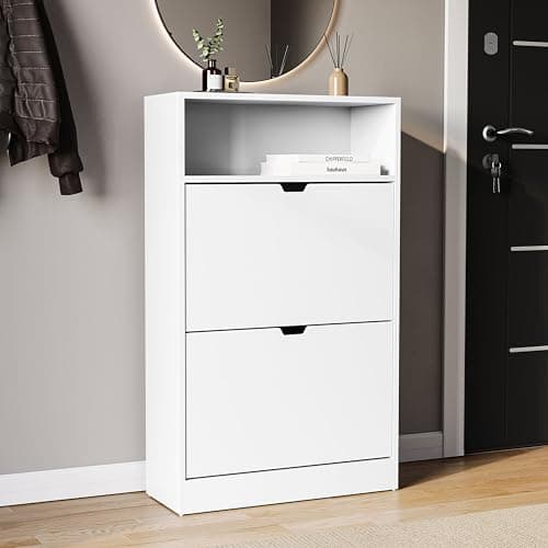 Image of Vida Designs 2 Drawer Shoe Cabinet with Shelf | White | Slim Space-Saving Storage for 10+ Pairs | 97H x 60W x 24D cm | Anti-Tip | Modern Hallway Unit