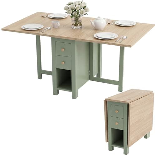 Image of Blisswood Folding Dining Table for 4–6 Seater, 150cm Drop Leaf Extendable Kitchen Table with 2 Drawers & Storage Shelves, Space Saving Wooden Dining Table for Small Spaces, Painted Sage Green Finish