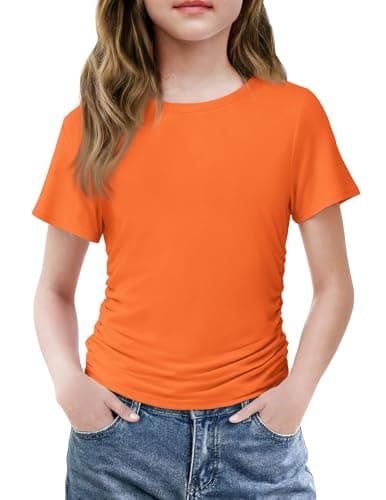 Image of Arshiner Girls Short Sleeve T-Shirt Orange Tee Round Neck Solid Color Waist Pleats T-Shirts Slim Fit Everyday Stretch Kids Basic Casual Summer Top for Girls 5-6 Years
