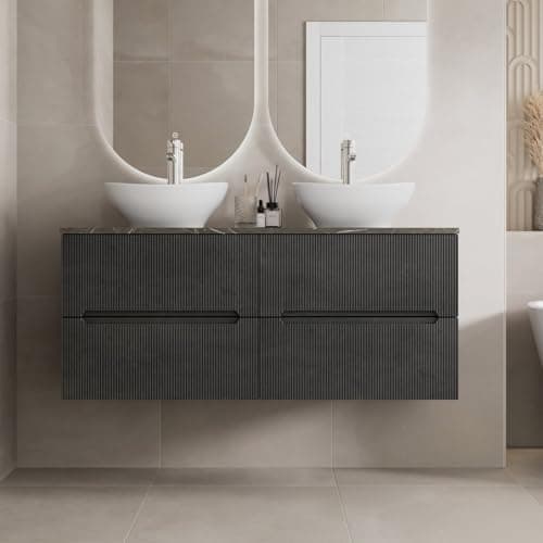 Image of Vitusso® 1200mm Fluted Bathroom Cloakroom Vanity Unit Grey Marble Countertop Double White Oval Basin Sink Wall Hung Storage Furniture Soft Close, Black
