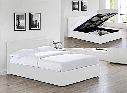 Image of MODERNIQUE® Bilancio Ottoman Storage White Faux_Leather Double Sized (4FT6) Bounce Sprung Slats Base, Gas Lift up End Up Fabric Covered Floor Massive Storage Bed (White, Double (4FT6)