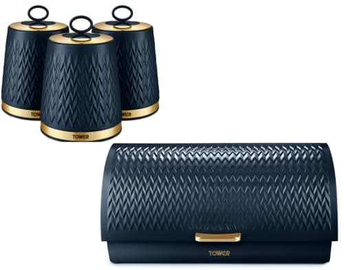 Image of Tower Empire Bread Bin & Canisters Kitchen Set in Midnight Blue with Brass Accents. Art Deco Design Kitchen Storage Set