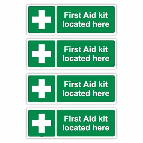 Image of 4-Pack "First Aid Kit Located Here" Self Adhesive Signs / 5x15cm Each (Pack of 4) / Landscape Orientation Removable & Wipeable/Indoor or Outdoor Stickers/Gloss Finish /