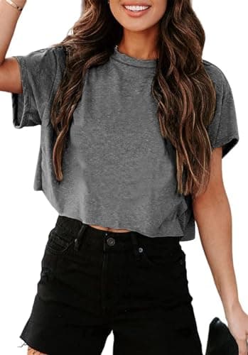Image of Tankaneo Women's Cropped T-Shirts Crew Neck Sexy Crop Tops Oversized Summer Shirts Basic Loose Tees, Gray, M
