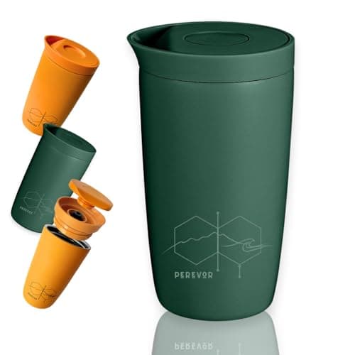 Image of Perevor 360ml Insulated Travel Mug - Leakproof Coffee Cup for Hot Drinks, Stainless Steel Flask Forest Green | Non toxic & BPA free one click lid Portable Coffee Cup