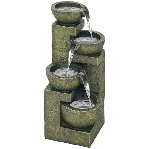 Image of Outsunny Outdoor Garden Water Feature with 4-Tier Stacked Stone Look Bowls, Patio Cascading Waterfall Fountain, Adjustable Flow, Rustic decor