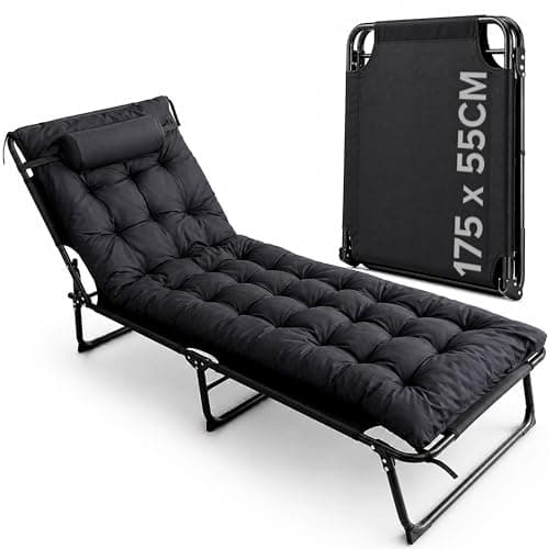 Image of volila Camping Bed - Heavy Duty Folding Bed with Cushion, Adjustable Backrest and Pocket - Ideal for Garden, Beach, Sunbathing (Black - 69inch)