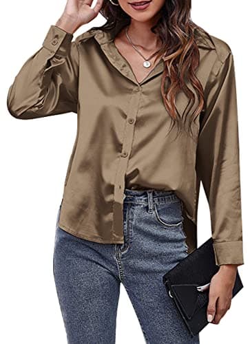 Image of Panegy Shirts for Women Front Botton Down Blouses Satin Tops Casual Plain Solid Shirts Silk Long Sleeve Shirt for Ladies Office Work Business Party Wear Brown L