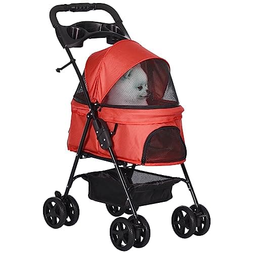 Image of PawHut Pet Stroller Foldable Travel Carriage w/Brake Basket Canopy, Red