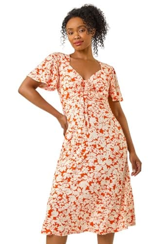 Image of Roman Petite Animal Stretch Gathered Midi Dress for Women UK - Ladies Spring Everyday Summer Break - Petite Orange - Size 12