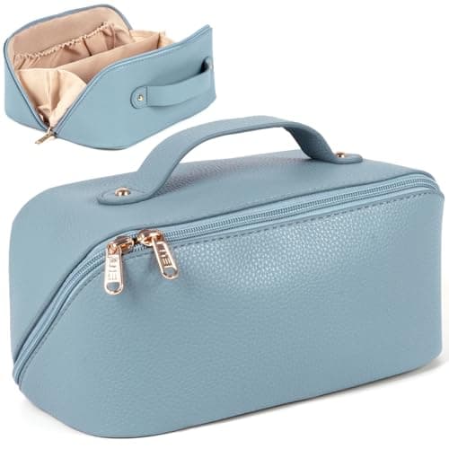 Image of MAMUNU Large Capacity Cosmetic Travel Makeup Storage Bag with Handle Portable Zipper Cosmetic Toiletry Makeup Bag Large with Compartments for Women Girls (Blue)