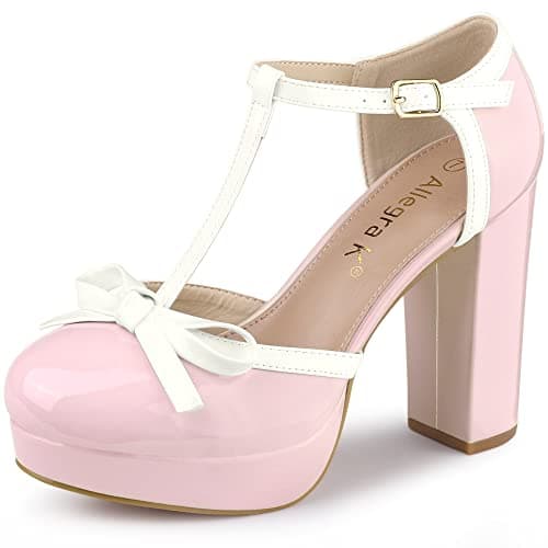 Image of Allegra K Women's Platform Bow T Strap Chunky Heels Pumps Pink 4 UK/Label Size 6 US