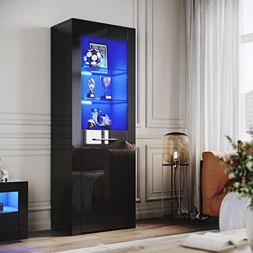 Image of ELEGANT Black Gloss Sideboards Cupboard Tall Display Cabinet Unit with LED Lights, 5-Tier Shelves Bookcase Furniture for Living Room Bedroom, H165xW60xD35cm