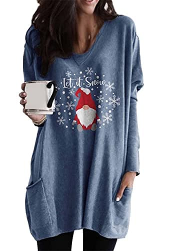 Image of YMING Women's Christmas Printed Sweatshirts Crewneck Pullover Long Sleeve Shirts Santa Claus Blue XXL