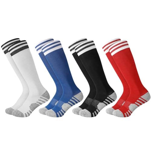Image of Zuimei 4 Pairs Kids Football Socks, Anti Slip Football Socks for Age 7-12 Breathable Knee High Athletic Soccer Sock Unisex Training Running Sports Sock for Kids Girls - Black, White, Blue, Red