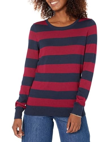 Image of Amazon Essentials Women's Long-Sleeve Lightweight Crewneck Jumper (Available in Plus Size), Burgundy Navy Rugby Stripe, XS