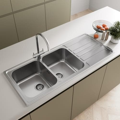 Image of SÄUBER® 1160 x 500mm Stainless Steel Kitchen Sink 2.0 Double Bowl Inset Drop in Installation, Right Hand Drainer, 18/8 Grade Steel Sinks, Free Basket Strainer Waste