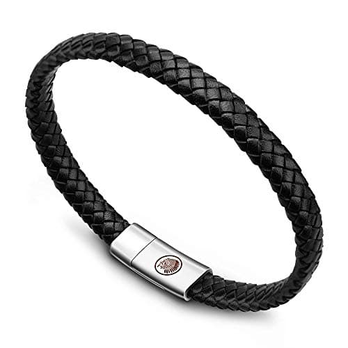 Image of Casisto.J Mens Leather Bracelet – Classic Handmade Braided Black & Brown Cuff Bracelet with Engraved Magnetic Clasp Free Jewelry Gift Boxed