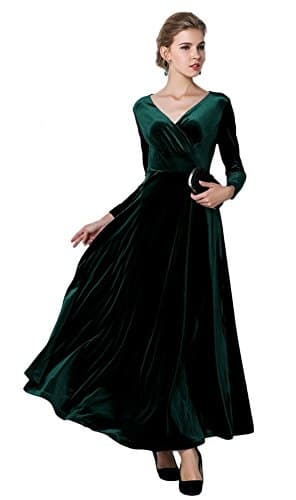 Image of Urbancoco women's long sleeve evening dress, maxi V-neck velvet party dress - Green - L
