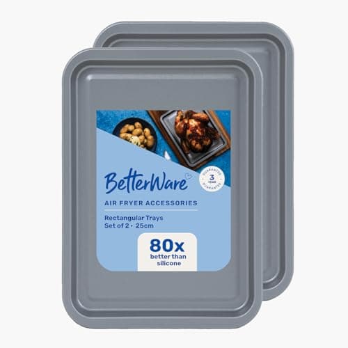 Image of BetterWare Air Fryer Accessories Set of 2 x 25cm Rectangular Trays | Non-Stick Low Carbon Steel | Dishwasher & Freezer Safe | Compatible with Most Air Fryers | Ideal for Cooking, Roasting & Baking