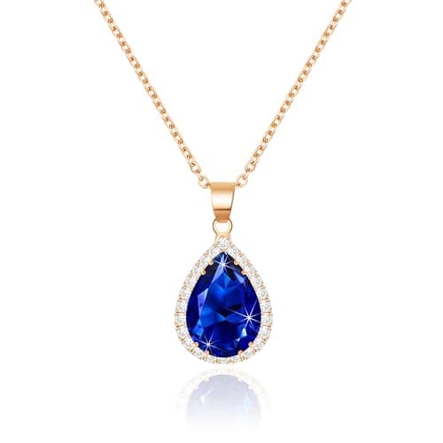 Image of Linawe Rose Gold Sapphire Crystal Navy Blue Imitation Diamond Pendant Necklace for Women Trendy, Cubic Zirconia Moonstone Moissanite Boho Wedding Bride Jewellery Set