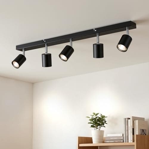 Image of Gr4tec 5 Way Ceiling Spotlight Fitting, GU10 Industrial Ceiling Light Adjustable with GU10 Socket, Matte Black Spotlight Bar, Modern LED Spot Light for Kitchen Bedroom Living Room, Bulb Not Included