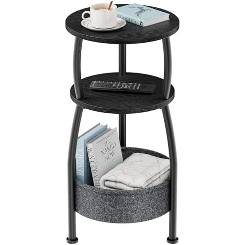 Image of Yuede Round Side Table, 3 Tier Bedside Table, Small End Table with Fabric Basket, Coffee Table for Living Room, Bed Room, Small Space, Easy Assembly(Black)