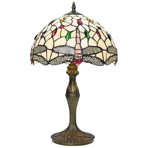 Image of Britalia Dragonfly Tiffany Glass Table Lamp, 35cm Height, Vintage Dome Design, Multicolour