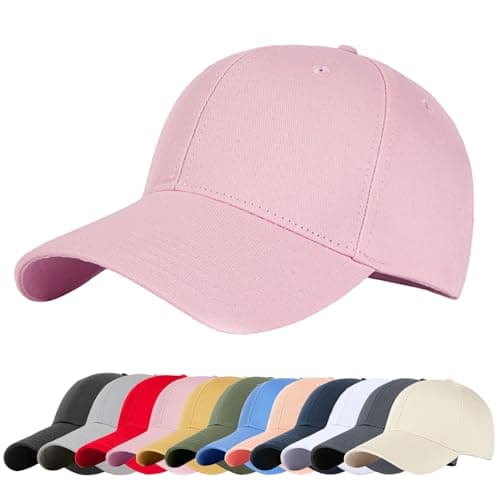 Image of Enwokran Plain Baseball Cap, Unisex Classic 6 Panel Adjustable Casual Cotton Snapback Closure Anti UV Summer Sports Sun Visor Hat (Pink)