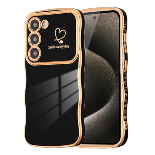 Image of DEFBSC Case for Samsung Galaxy S22, Curly Wave Shape Plating Frame Cute Love Heart Cover for Girls Women, Full Camera Lens Protection Soft Durable TPU Shockproof Case - Black