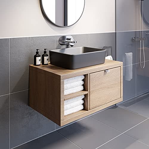 Image of Vitusso® 800mm Bathroom Vanity Unit Countertop Basin Sink Wall Hung Drawer Unit with Shelves Storage Oak Wood, Croix Black Basin RH Shelves
