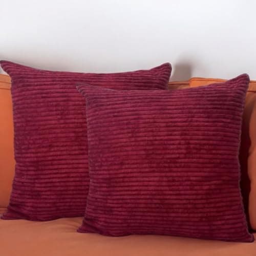 Image of Seechoo Corduroy Cushion Covers, Set of 2, 45 x 45 cm, Striped, with Invisible Zipper, 18 x 18 Inch (Burgundy)