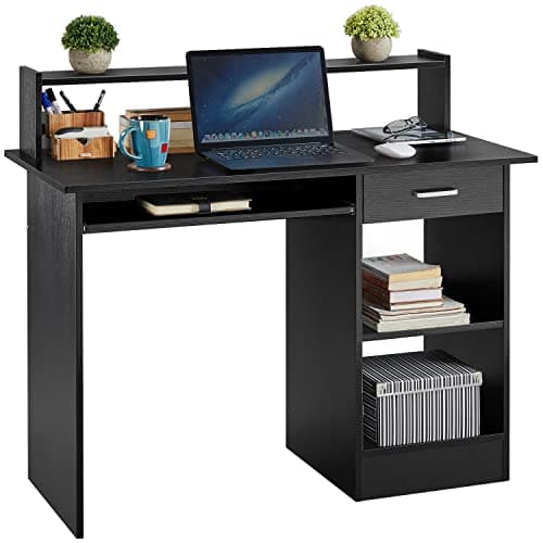 Image of Yaheetech Black Computer Desk with Drawers Storage Shelf Keyboard Tray - Home Office Laptop Desktop Table for Small Spaces