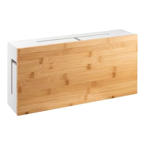 Image of Bamboo Cable Management Box – 41×20×11 cm Wall-Mountable Cable Tidy Box with Magnetic Lid & Mounting Hardware – Hide Power Strips, Organise Cords & Reduce Clutter (White L)