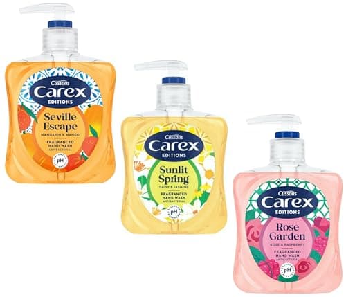 Image of Carex Editions Handwash 3 x 250 ml Cussons Fragranced Liquid Hand Wash Kills Bacteria Seville Escape, Sunlit Spring, Rose Garden With Exclusive Beauty Tips Sheet.