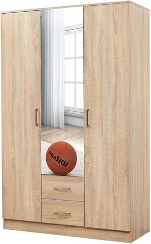 Image of Harmin SONOMA OAK MIRRORED 3 DOOR SOFT CLOSE WARDROBE - 46.5cm x 113.5cm x 180cm(depth x width x height)
