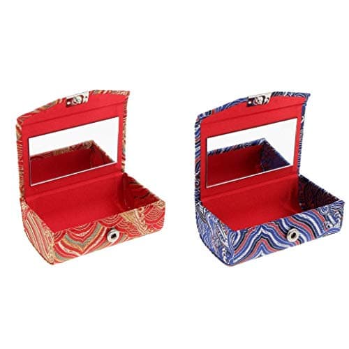 Image of 2 Pack Double Lipstick Case in Fabric Brocade Hard case with Mirror Chinese Handmade Vintage Luxurious Embroidered, Blue Red