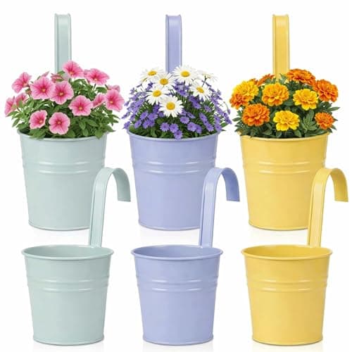 Image of ADEPTNA 6 Pack Metal Hanging Flower Pots – Balcony Garden Planters, Iron Bucket Plant Pots with Hook, Pastel Colours for Outdoor Fence Railings, Indoor Decor, Herbs, Flowers & Plants