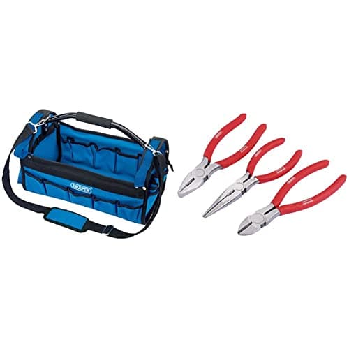 Image of Draper 85751 420mm Tote Tool Bag, Blue & Redline 67924 160 mm Pliers Set with PVC Dipped Handles (3-Piece), Silver