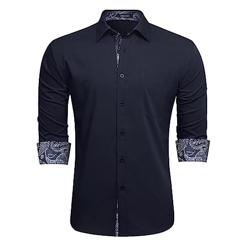 Image of HISDERN Navy Blue Shirt Mens Long Sleeve Smart Stretch Regular Fit Button Down Formal Navy Dress Shirts for Men Casual Wedding Office Non Iron with Pockets,Navy Blue,L