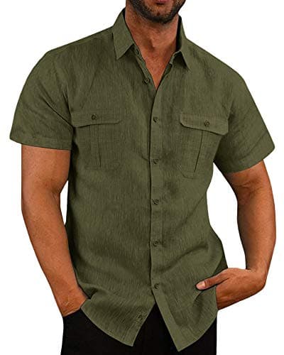 Image of Linen Shirt Men's Short Sleeve Summer Shirt Men's Casual Shirt Business Shirt Beach Shirt with Pockets, Green, XL