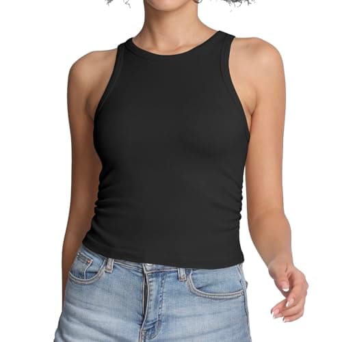Image of Lemef Tank Tops for Women Ribbed Vest Top High Crew Neck Basic Crop Camis Sleeveless Workout Yoga Teen Summer Outfit Black M