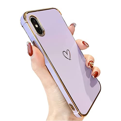 Image of Knoowcase iPhone X Case iPhone XS Phone Case for Girls Women Shockproof Flexible Silicone Bumper Lens Protection Luxury Plated Gold Heart Slim Anti Scratch Phone Cover, Purple